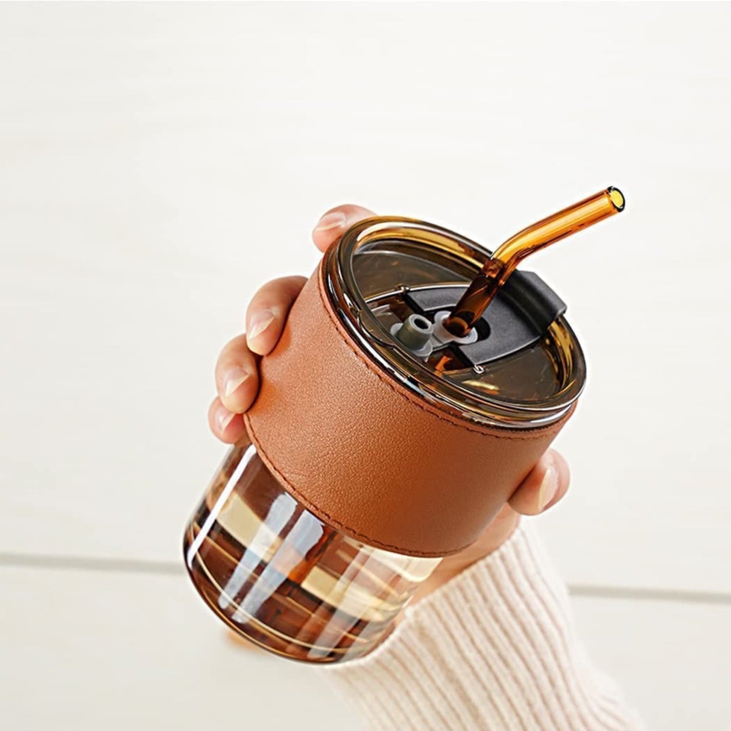 Glass Coffee Jar With Leather Cover & Straw - 300ml